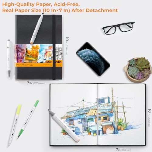 Ohuhu 10"x7" Mix Media Pad Art Sketchbook 78 Sheets for Painting Drawing | Large Sketch Book - 120 LB/200 GSM Heavyweight Paper - Hardcover Mixed Media Sketch Pad for Watercolor Acrylic Christmas Gift - size: 10" x 7"