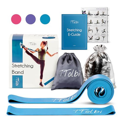 2-Pack Ballet Stretch Bands with Foot Mini Loop, Natural Rubber Dance Bands | Splits and flexibility training for kids, teens and adult dancers, gymnasts and cheerleaders, beginner guide and travel bag - color: Soft Blue Regular