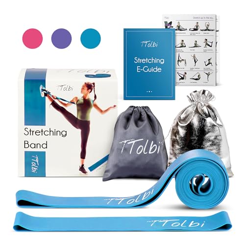 2-Pack Ballet Stretch Bands with Foot Mini Loop, Natural Rubber Dance Bands | Splits and flexibility training for kids, teens and adult dancers, gymnasts and cheerleaders, beginner guide and travel bag - color: Soft Blue Regular