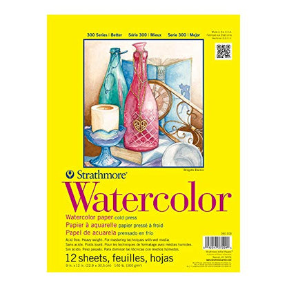 Strathmore 300 Series Tape Bound Watercolor Pad, 140 lb. Cold Press, 9 X 12 inches, White, 12 Sheets (360-109) - size: 9x12, style: Tape Binding