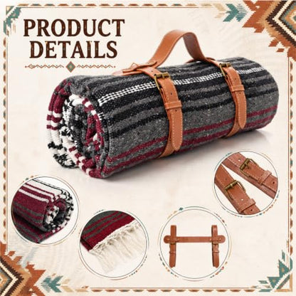 Mexican Indian Blanket Outdoor Mexican Throw Baja Saddle Blanket for Yoga, Beach, Camping, Picnic, Car Truck with Outdoor Portable and Genuine Leather Carry Strap
