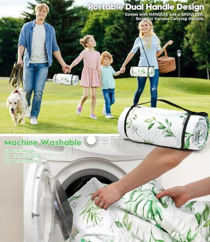 DEWUR Picnic Blankets 79"x79" Extra Large Outdoor Blanket Beach Blanket Waterproof SandProof Picnic Mat Washable Foldable Portable for Grass Lawn Beach Camping (Green with Leaves) - color: Green With Leaves