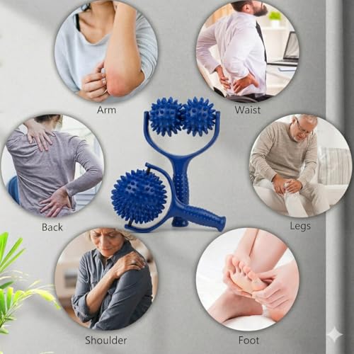 Spiky Massage Ball Roller with Handle (2 Pack) - Acupressure Deep Tissue Massager for Back, Neck, Foot & Plantar Fasciitis Relief - Premium Canvas Travel Bag - Muscle Recovery & Trigger Point Tool