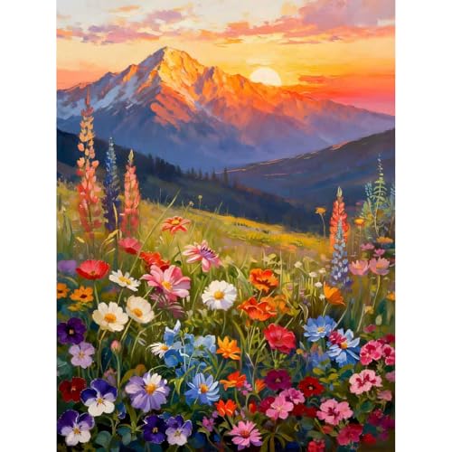 Clendo Landscape Paint by Numbers Kit for Adults Beginner, Flower Mountain Adult Paint by Number Kits on Canvas, Sunset Oil Painting Kit for Beginners Gift Home Wall Decor 16x20 Inch - color: MT22492-US, size: Frameless
