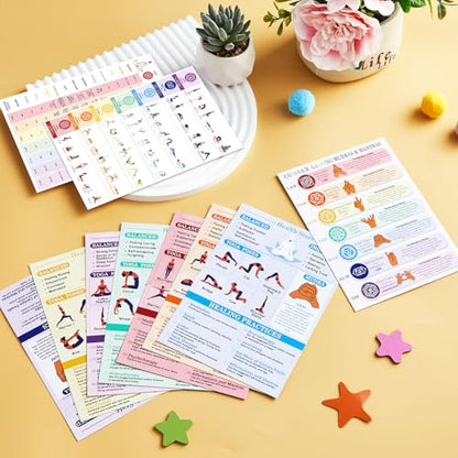 10 Pcs Chakra Cards Quick Reference Guide for Chakra Healing with Meditation Yoga Poses, Crystals, Essential Oils, Affirmations Summary Spiritual Day Gift for Her Him, Beginner Friendly