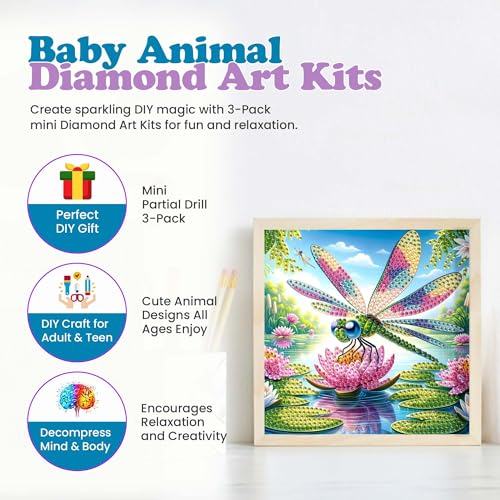 Modern Merch Small Diamond Art Packs Owl Octopus & Dragonfly, Animal Diamond Dots for Adults, Jewel Art Painting Kits, Mini Gem Arts and Crafts for Adults, Round Drill 3 Pack Partial Drill - color: Owl Dragonfly Octopus