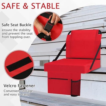 2pcs Stadium Seat for Bleachers with Back Support，Portable Bleacher Chairs with Back and Cushion，Includes Shoulder Strap and Cup Holder - color: Red,2 Pack