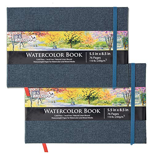 U.S. Art Supply 5.5" x 8.5" Watercolor Book (2 Pack, 76 Sheets Each) - 110lb (230 GSM) Linen-Bound Hardcover Artist Paper Pads - Acid-Free Cold-Pressed Watercolor Paper Pad Mixed Media - size: 5.5-x-8.5-inch