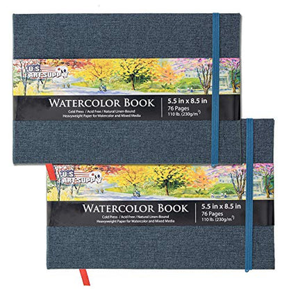 U.S. Art Supply 5.5" x 8.5" Watercolor Book (2 Pack, 76 Sheets Each) - 110lb (230 GSM) Linen-Bound Hardcover Artist Paper Pads - Acid-Free Cold-Pressed Watercolor Paper Pad Mixed Media - size: 5.5-x-8.5-inch