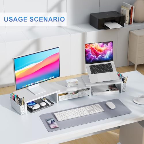 gianotter Dual Monitor Stand Riser With Drawer and 2 Pen Holders - color: White
