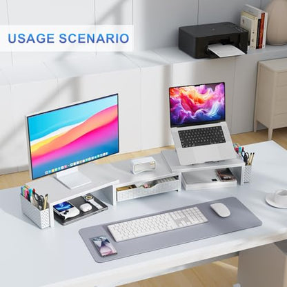 gianotter Dual Monitor Stand Riser With Drawer and 2 Pen Holders - color: White