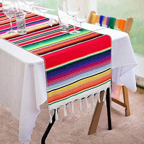 Mexican Table Runner 14 x 84 Inch Mexican Serape Table Runner for Mexican Party Wedding Decorations, Fringe Cotton Table Runner - color: Red, size: 14 x 84 Inch
