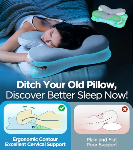 Osteo Enjoy Pain Relief Sleeping Cervical Neck Pillow, Ergonomic Contour Zoned Fits Side Sleeper, Non-Temperature Affected Memory Foam Pillows, Q-max Cooling Pillow Support Back Stomach Sleepers - color: Dark Gray