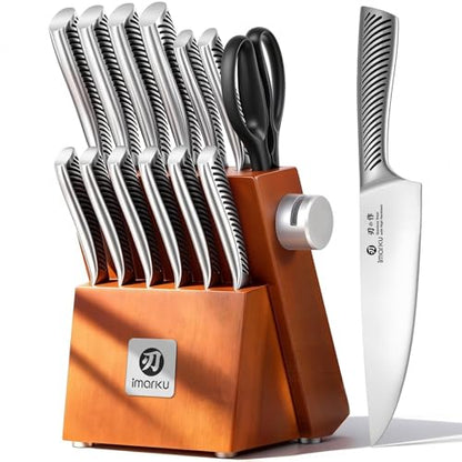 imarku 14-Piece Japanese Gyutou Stainless Steel Kitchen Knife Set | 15° Precision Edge | 56±2 HRC Hardness | Full-Tang Build for Perfect Balance | Built-in Sharpener | Gift for Home Chef - color: Light Brown
