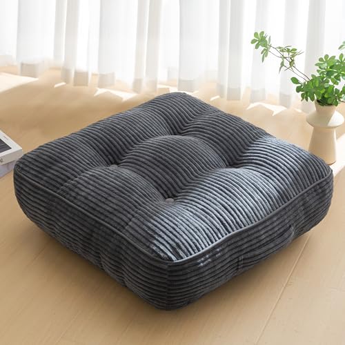 HIGOGOGO 6" Extra Thick Floor Pillow Cushion for Adults, Meditation Cushion Pillow, Large Square Floor Sitting, Tufted Corduroy Cover, for Tatami Living Room or Yoga, 22x22 Inch, Dark Grey - color: Square Dark Grey, size: 6" Thick(Pack of 1)