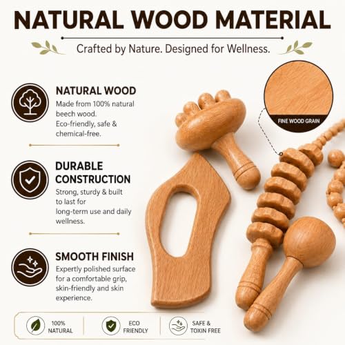 7-in-1ct, Wood Therapy Kit for Lymphatic Drainage, Maderoterapia Wooden Massager, Anti Cellulite Body Sculpting Roller, Body Contouring Tool for Waist, Legs & Back