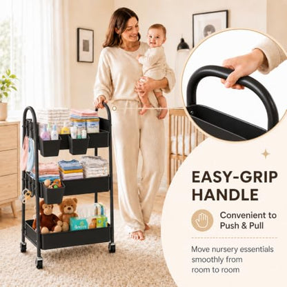 3 Tier Black Rolling Cart with Wheels, Metal Three Tiered Utility Roller Shelf on Wheels, Storage Carts Organizer for Craft, Art Supply, Snack, Laundry, Bathroom, Baby Essentials, Diaper Caddy,Nursery - color: Black
