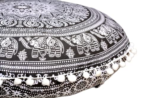 ICC Floor Pillows & Cushion Covers, Decorative Hippie Mandala Pouf Pillow Cover Bohemian Seating Meditation Cushion Cover, Large Boho Ottoman Case Pillowcase for Couch Black Elephant, 32" Round - size: 32" x 32" (Pack of 1), style: Black Elephant