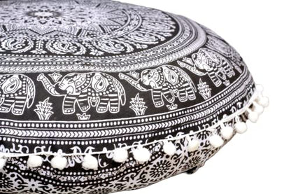 ICC Floor Pillows & Cushion Covers, Decorative Hippie Mandala Pouf Pillow Cover Bohemian Seating Meditation Cushion Cover, Large Boho Ottoman Case Pillowcase for Couch Black Elephant, 32" Round - size: 32" x 32" (Pack of 1), style: Black Elephant