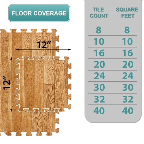 Sorbus Wood Grain Foam Floor Tiles (16 Tiles, 16 Sq Ft, Pine) | Interlocking mats for basement flooring; each tile covers 1 square foot and is 3/8-inch thick for home, office or playroom. - color: Wood Grain - Pine