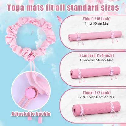 NQEUEPN 3pcs Yoga Mat Scrunchie, Mat Strap & Hair Tie (Pink)