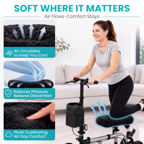 Vive Mobility Knee Scooter Pad Cover - Soft Adult Sheepskin Memory Foam - color: Black