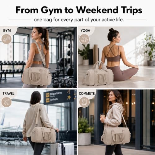 Small Mini Gym Bag for Women, Compact Duffle Overnight Bag - color: Khaki
