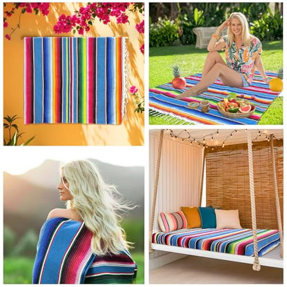 OurWarm 59 x 84 Inch Square Mexican Tablecloth Serape Blanket, Topic Blue - color: Blue