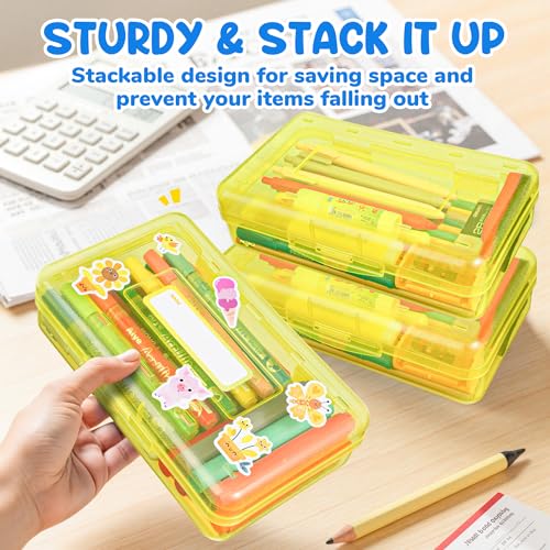 GAMENOTE Plastic Pencil Box with Personalized Sticker,Kid Hard Pencil Case with Snap-tight Lid,Small Art Craft Storage Containers,School Supplies Box for Boys,Girls (Yellow) - color: Yellow