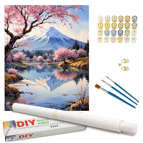 Landscape Paint by Numbers Kit for Adults - DIY Mount Fuji and Cherry Blossoms Lake Painting on Rolled Canvas 16x20 Inches, Acrylic Paint Set, Suitable for Beginners, Art for Home Decoration or Gifts - color: HSX00333, size: 16X20IN Rolled