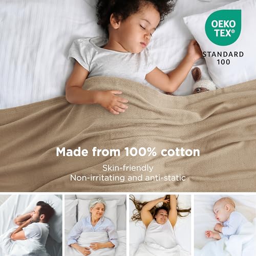 Bedsure GentleSoft 100% Cotton Blanket Full Size for Bed - Breathable and Lightweight, Soft Cozy Textured Herringbone Woven Blanket for Summer Spring, Linen Beige, 80x90 inches - color: 00 - Light Brown, size: Full