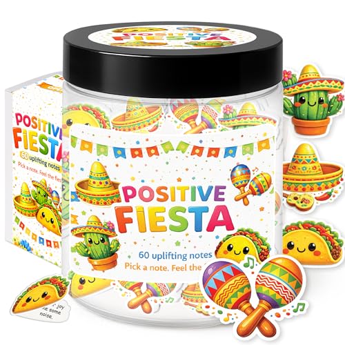 Mexican Independence Day Decorations, Positive Fiesta Jar, Mexican Gifts | Fiesta party gift with 60 uplifting notes, taco, maracas, sombrero and cactus for women, friends and coworkers. - color: Positive Fiesta Jar