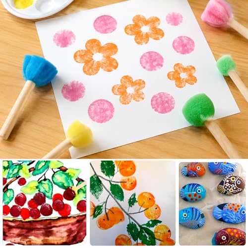 40 Pcs Round Flower Paint Sponges Set, Sponge Brushes for Painting, Sponge Paint Brushes for Acrylic Painting, Wooden Handle Craft Sponges for DIY, Crafts and Kids Arts - style: 40 Pcs Flower Sponges