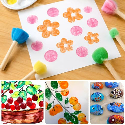 40 Pcs Round Flower Paint Sponges Set, Sponge Brushes for Painting, Sponge Paint Brushes for Acrylic Painting, Wooden Handle Craft Sponges for DIY, Crafts and Kids Arts - style: 40 Pcs Flower Sponges