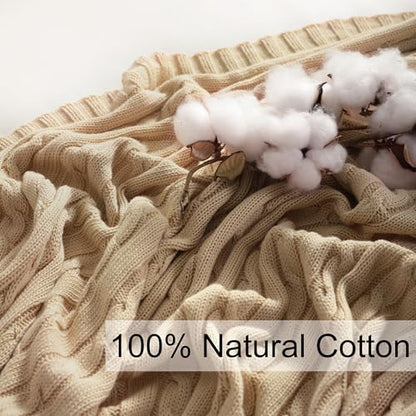 NTBAY Cotton Cable Knit Throw Blanket, 51 x 67, Khaki - color: Khaki, size: Throw(51"x67")