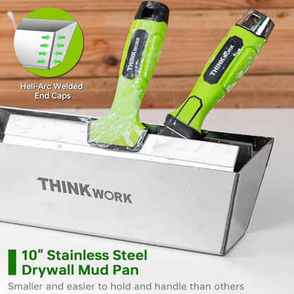 THINKWORK 8Pcs Drywall Tools, Drywall Knife Set with 10" Mud Pan | Stainless Steel Putty & Taping Knives, Painter Scraper, Spackle Tool Set for Joint Finishing & Patching, Soft Grip