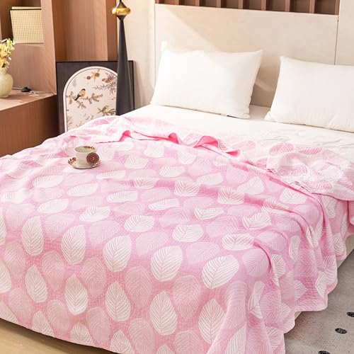 MEJU Leaf Pink Kids Young Girls Muslin Lightweight Blanket for Bed Sofa Couch 100% Combed Cotton 3 Layer Soft Warm Reversible Modern Throw Blanket Bedspread Bed Coverlet Twin 60 in x 80 in - color: Leaf Pink, size: Twin 60 in x 80 in