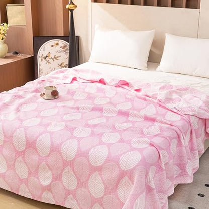 MEJU Leaf Pink Kids Young Girls Muslin Lightweight Blanket for Bed Sofa Couch 100% Combed Cotton 3 Layer Soft Warm Reversible Modern Throw Blanket Bedspread Bed Coverlet Twin 60 in x 80 in - color: Leaf Pink, size: Twin 60 in x 80 in