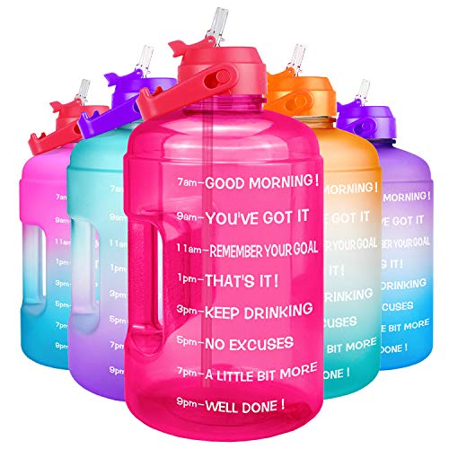 QuiFit 1 Gallon Water Bottle - with Straw & Motivational Time Marker Leak-Proof BPA Free Reusable Gym Sports Outdoor Large(128OZ/73OZ) Capacity Water Jug - color: QFB10 Pink, size: 128 Ounces