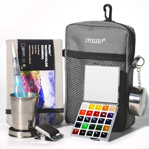 Funto Mini Watercolor Paint Set, All-in-One 24-Color Travel Paint Kit, with Crossbody Bag, Watercolor Journal, Paint Water Cup, Pocket Set for Artists - color: 24-Color Mirrorlike Set, style: Sporty Box