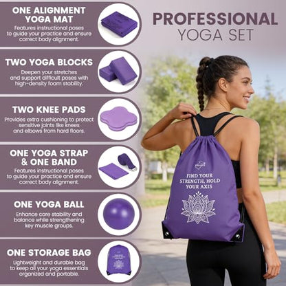 Foldable Non-Slip Yoga Mat and Blocks Set for Women, 9-Pcs Yoga Starter Kit - color: Purple