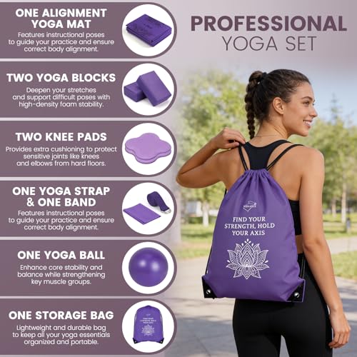 Foldable Non-Slip Yoga Mat and Blocks Set for Women, 9-Pcs Yoga Starter Kit - color: Purple