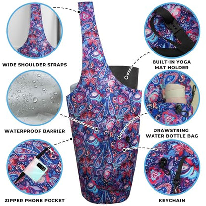 Yoga Mat Bag Carrier for Women Workout Large Waterproof with Zipper Pocket, Keychain and Wide Shoulder Straps - color: paisley bird