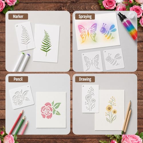 120Pcs Flower Stencils for Painting Reusable 3x6in with Ring Pouch | 2 Sizes Large Small, Wildflower Dragonfly Botanical Butterfly Stencils for DIY, Crafts, Wall, Fabric Art, Wood Signs