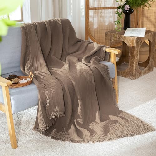 MooMee 100% Cotton Muslin Blanket Fringed 4-Layer Gauze Bed Throw, Queen - color: Brown, size: Queen