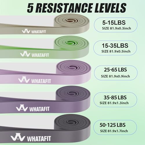 WHATAFIT Resistance Bands, 5 Level Pull Up Assistance Bands for Working Out - color: 2.3-56.7kg(5-125파운드) 그레이 퍼플+그립
