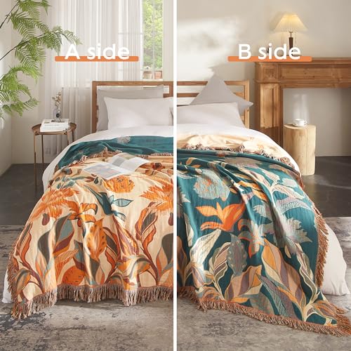 Boho Throw Blanket for Bed 50”x60”, 100% Cotton Blanket for Couch Sofa | Ultra Soft 4-Layer Muslin Woven Quilt with Floral Printed, Farmhouse Bed Blanket/Cover for Living Room Decor - color: C - Boho Floral, size: 50“ x 60”