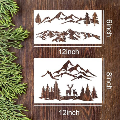 Mountain Stencils for Wood Burning Tree Stencil | Reusable Forest Animal Stencils Drawing Templates for Fabric Furniture Wall DIY Crafts - style: Mountain