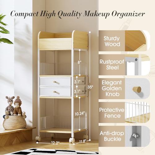 4-Tier Rolling Cart with Drawers, Mobile Storage Organizer | Steel Frame & Wood Shelves, Smooth-Rolling Lockable Casters, Easy Assembly, Organizes Makeup, Skincare & Household Essentials