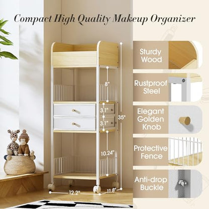 4-Tier Rolling Cart with Drawers, Mobile Storage Organizer | Steel Frame & Wood Shelves, Smooth-Rolling Lockable Casters, Easy Assembly, Organizes Makeup, Skincare & Household Essentials